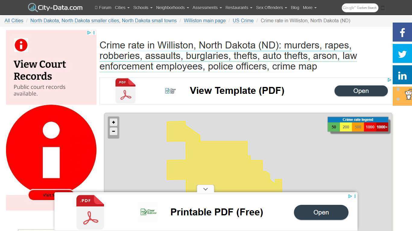 Crime in Williston, North Dakota (ND): murders, rapes, robberies, assaults, burglaries, thefts, auto thefts, arson, law enforcement employees, police officers, crime map